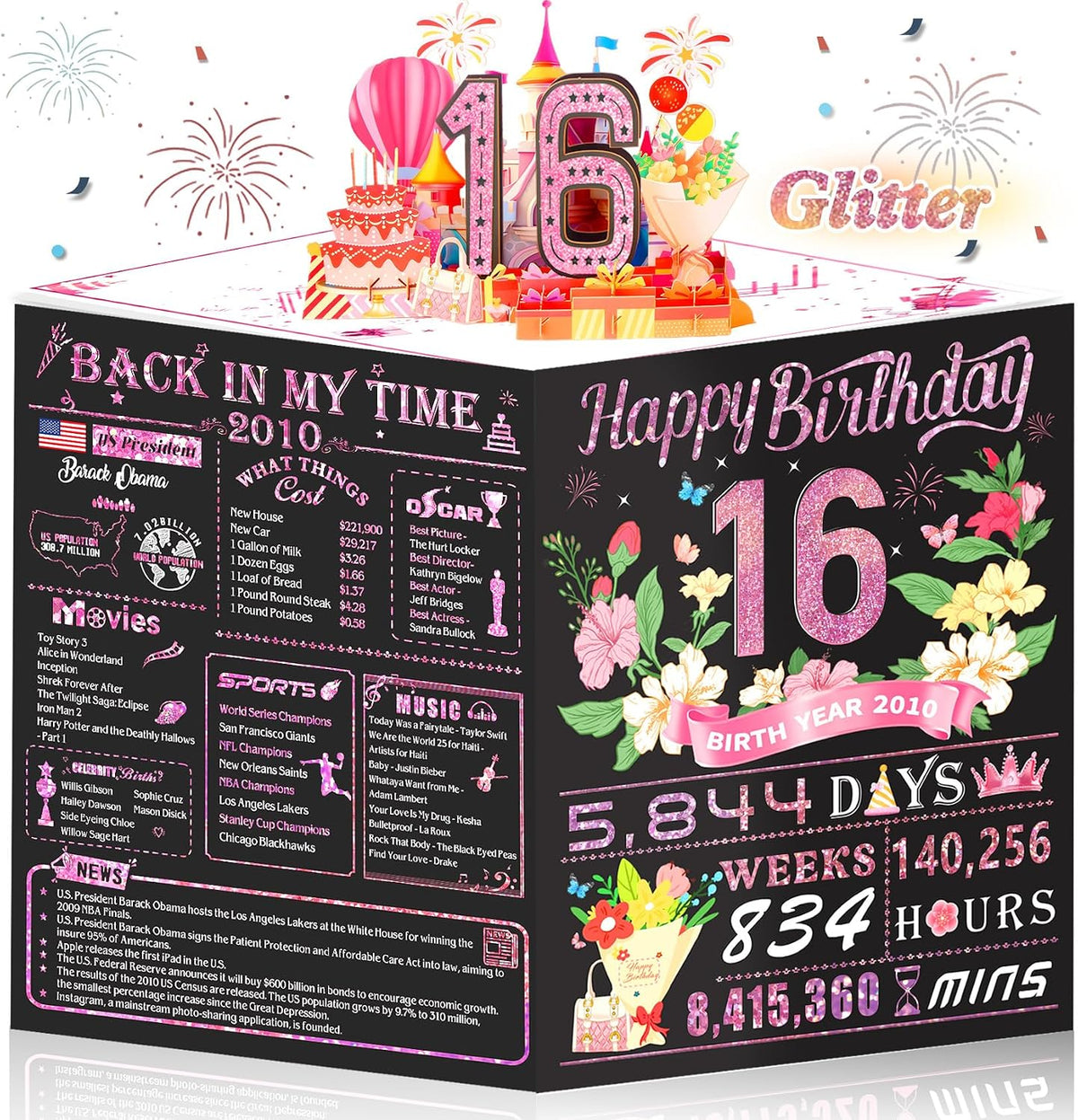 Sweet 16th Birthday Card for Girls Daughter,3D Pop Up Sweet 16th Birthday Cards for Granddaughter Sister,16th Birthday Decorations for 16 Year Old Girl Daughter Funny Birthday Gifts,Rose Glod In 2010
