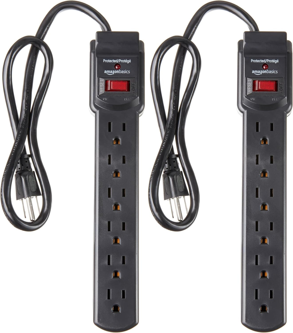 Amazon Basics 6-Outlet Surge Protector Power Strip with 200J Protection, Circuit Breaker, 2ft Extension Cord, Black, 2-Pack
