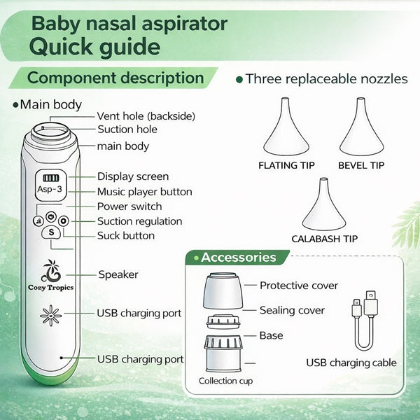 Cozy Tropics Electric Baby Nasal Aspirator, USB Rechargeable Nose Cleaner for Newborn & Toddler, 3 Adjustable Suction Levels, Soft Silicone Tips, Built-in Music & Light, Easy to Clean Baby Nose Sucker