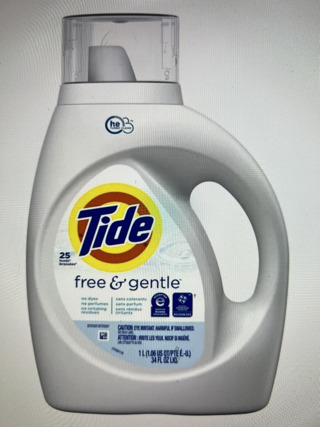 Tide Free & Gentle HE Liquid Laundry Detergent, Unscented, 1.06 L (25 Loads) - Packaging May Vary