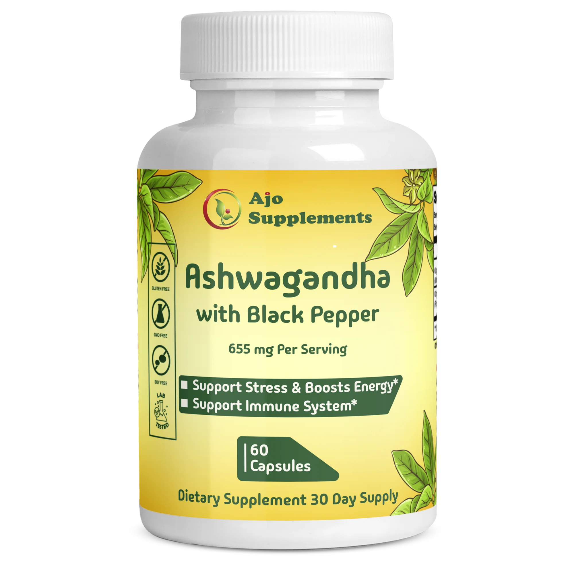 Ashwagandha Capsules 655mg with Black Pepper - Supports Anxiety & Stress Relief, Promotes Wellness, 60ct, Enhanced Absorption for Maximum Effectiveness