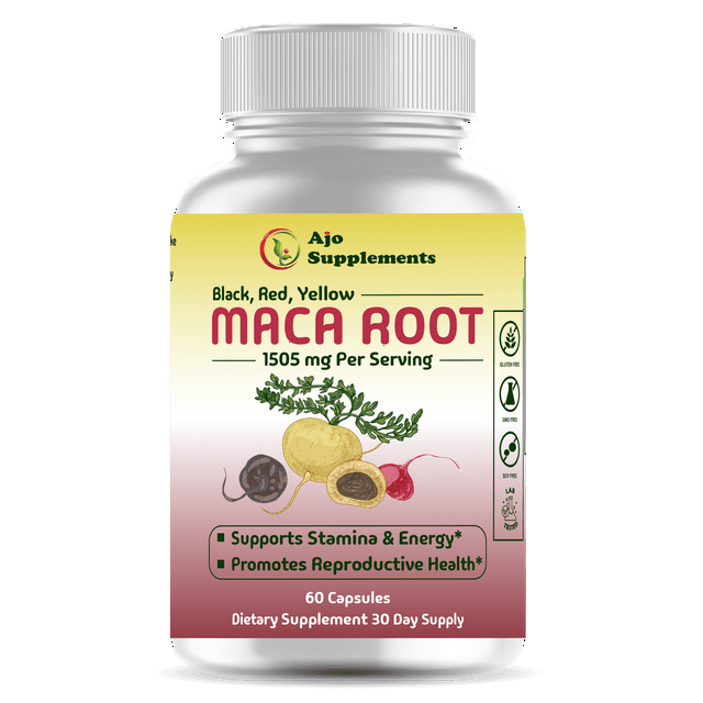 Maca Root Capsules 1505mg - Black, Red, Yellow Maca Blend for Energy & Mood Enhancement, 60ct for Natural Boost and Emotional Well-being.