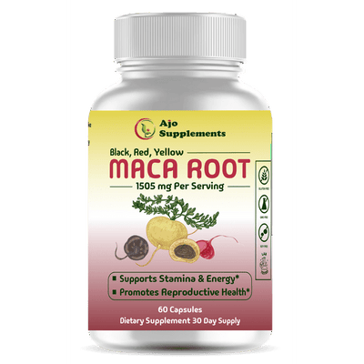 Maca Root Capsules 1505mg - Black, Red, Yellow Maca Blend for Energy & Mood Enhancement, 60ct for Natural Boost and Emotional Well-being.