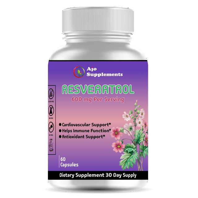 Resveratrol 600mg Supplement - Supports Anti-Aging, Heart, Joint & Brain Health, Antioxidant, Immune System Support, 60ct