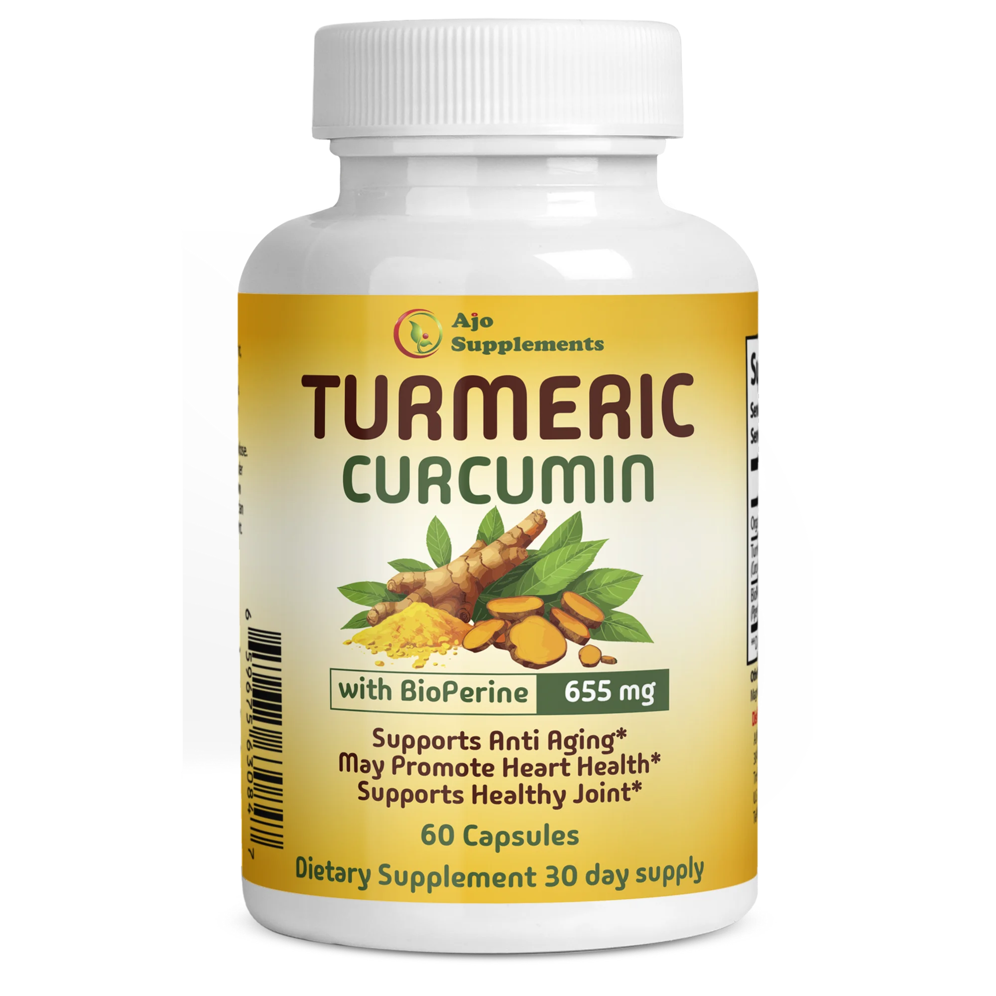 Turmeric Curcumin with Bioperine 655mg - Supports Healthy Joints, Heart Health, Anti-Aging, 60ct Capsules.