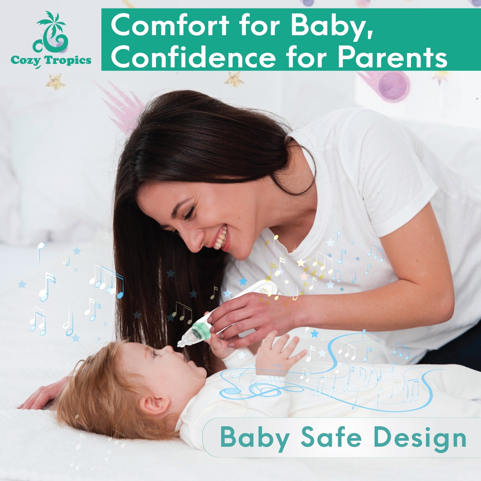 Cozy Tropics Baby Nasal Aspirator Electric Safe & Gentle Mucus Remover for Infants & Toddlers 3 Suction Levels, LED Display, Music & Lights Rechargeable, Waterproof & Easy to Clean BPA-Free B