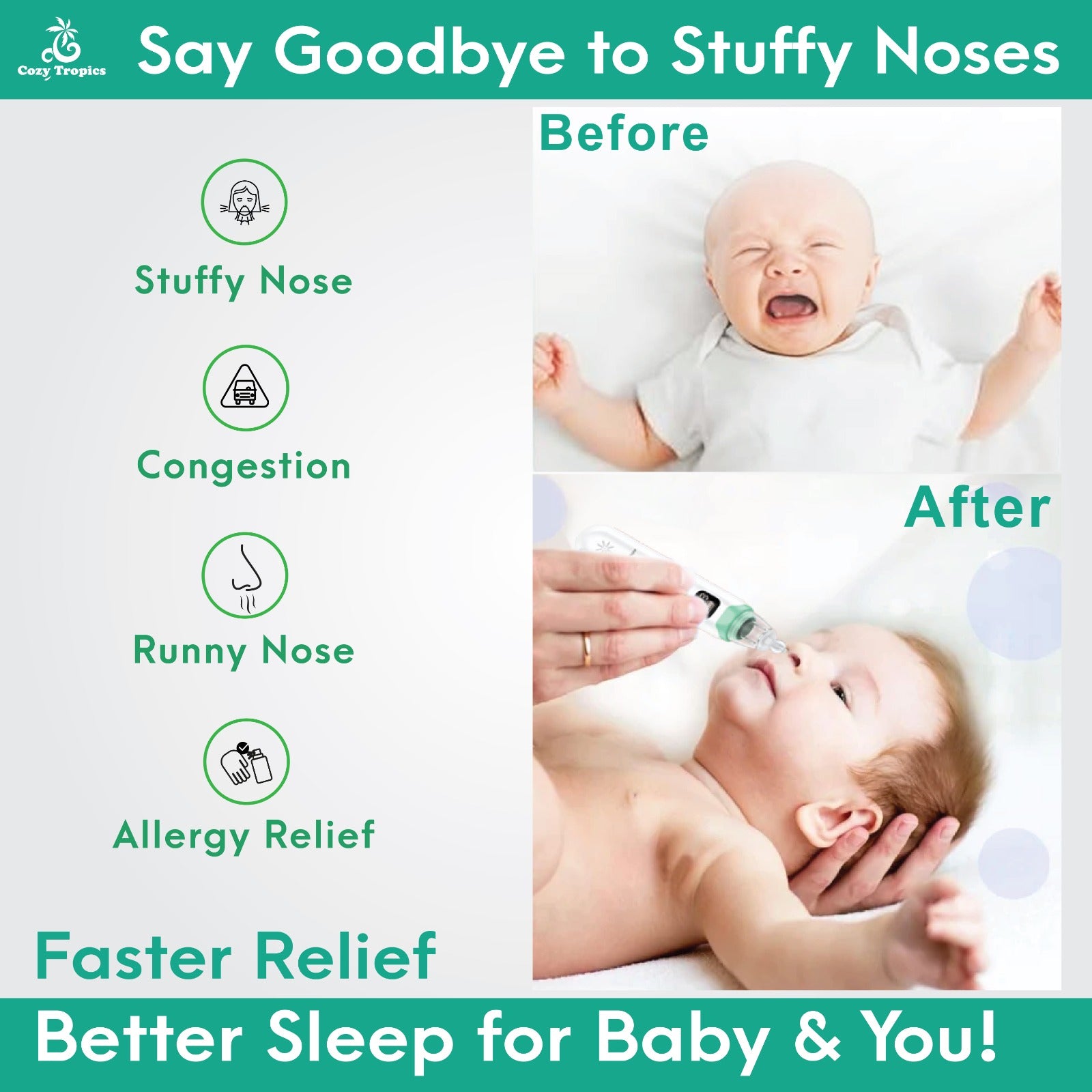 Cozy Tropics Baby Nasal Aspirator Electric Safe & Gentle Mucus Remover for Infants & Toddlers 3 Suction Levels, LED Display, Music & Lights Rechargeable, Waterproof & Easy to Clean BPA-Free B