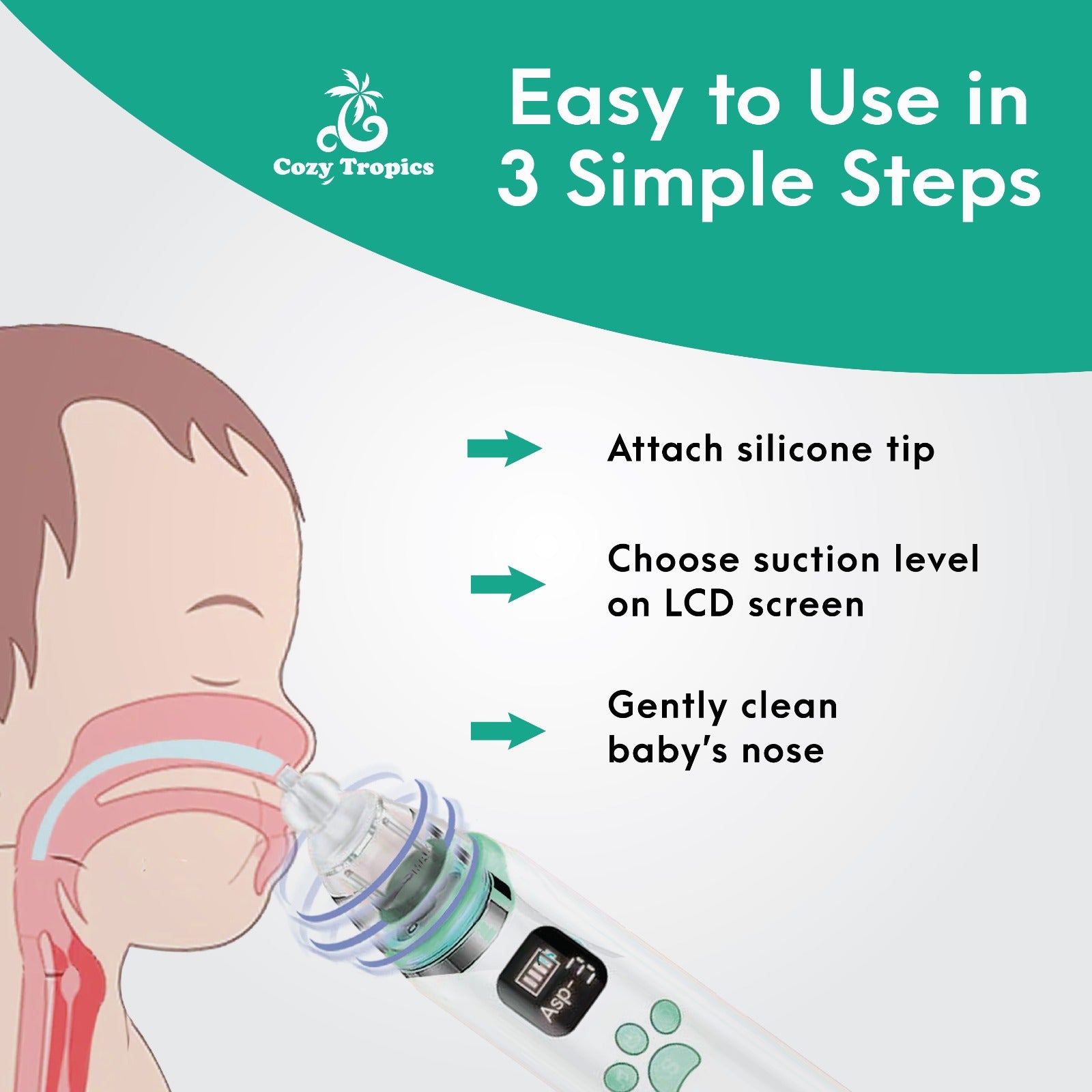 Cozy Tropics Baby Nasal Aspirator Electric Safe & Gentle Mucus Remover for Infants & Toddlers 3 Suction Levels, LED Display, Music & Lights Rechargeable, Waterproof & Easy to Clean BPA-Free B