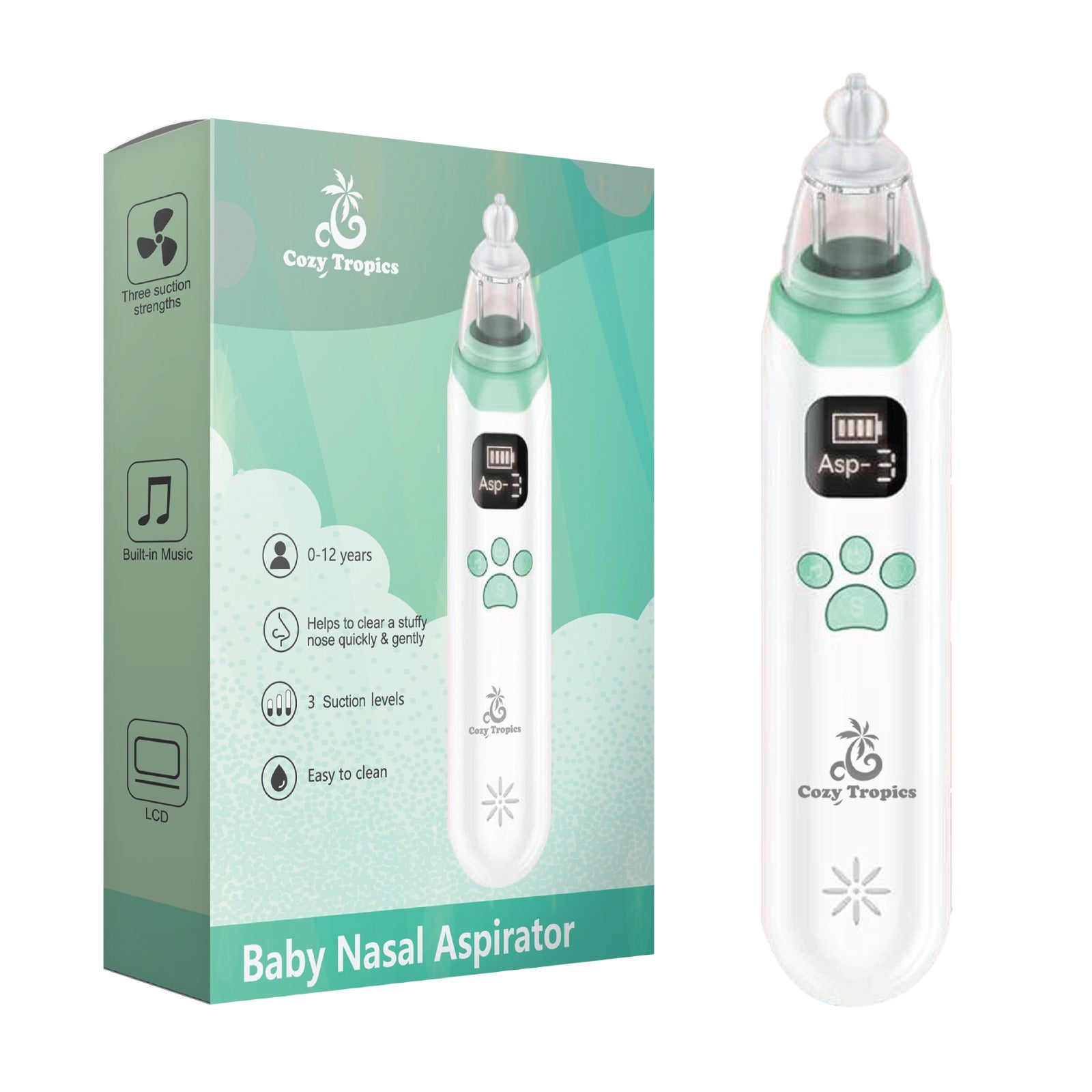 Cozy Tropics Baby Nasal Aspirator Electric Safe & Gentle Mucus Remover for Infants & Toddlers 3 Suction Levels, LED Display, Music & Lights Rechargeable, Waterproof & Easy to Clean BPA-Free B