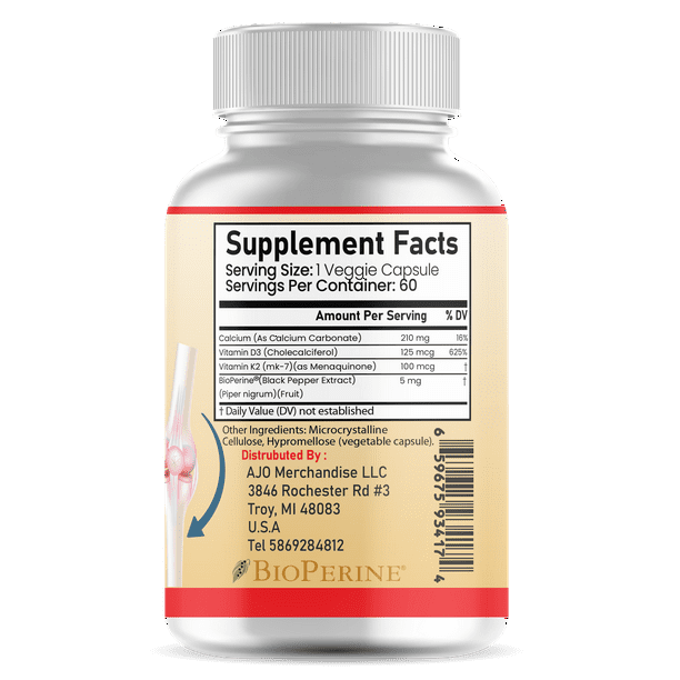 Vitamin K2+D3 5000 IU - Bone & Heart Health with Calcium, 60ct - 2-in-1 Vitamin D & K Complex for Strong Bones, Heart Support, and Overall Wellness