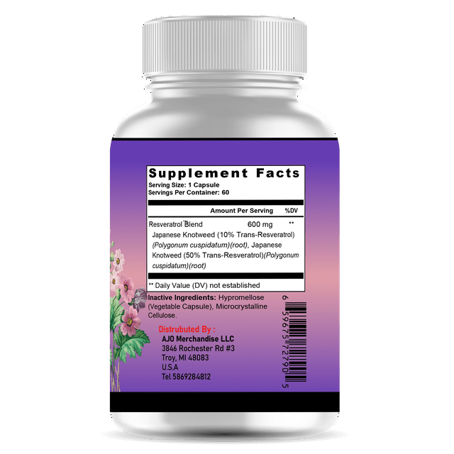 Resveratrol 600mg Supplement - Supports Anti-Aging, Heart, Joint & Brain Health, Antioxidant, Immune System Support, 60ct