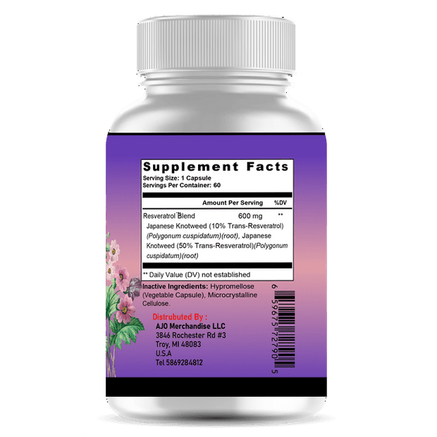 Resveratrol 600mg Supplement - Supports Anti-Aging, Heart, Joint & Brain Health, Antioxidant, Immune System Support, 60ct