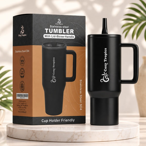 Cozy Tropics 40oz Insulated Stainless Steel Tumbler with Handle & Straw Lid, Double Wall Travel Mug, Leak-Resistant Large Capacity Cup Holder Friendly Water Bottle for Car, Gym, Office, Hot & Cold Drinks