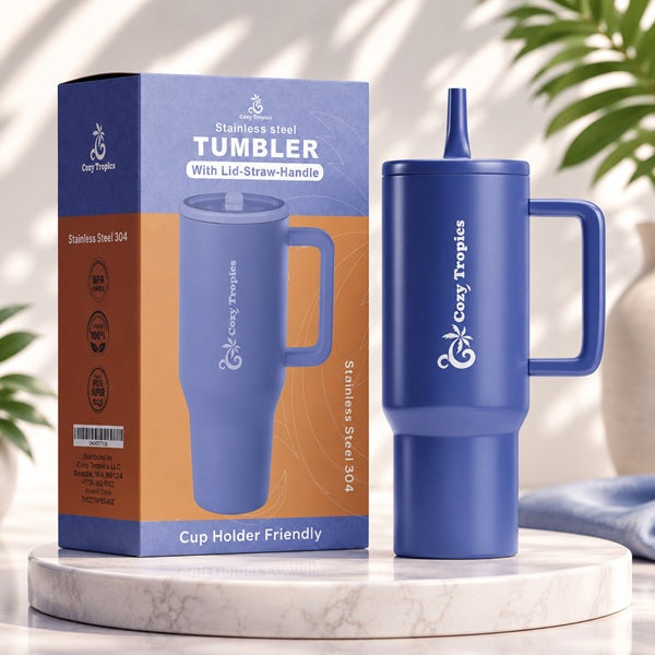 Cozy Tropics 40oz Insulated Stainless Steel Tumbler with Handle & Straw Lid, Double Wall Travel Mug, Leak-Resistant Large Capacity Cup Holder Friendly Water Bottle for Car, Gym, Office, Hot & Cold Drinks