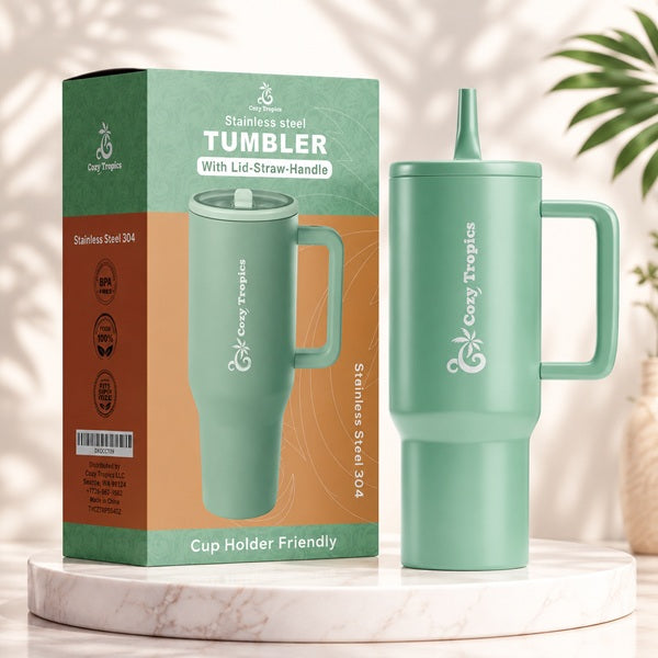 Cozy Tropics 40oz Insulated Stainless Steel Tumbler with Handle & Straw Lid, Double Wall Travel Mug, Leak-Resistant Large Capacity Cup Holder Friendly Water Bottle for Car, Gym, Office, Hot & Cold Drinks