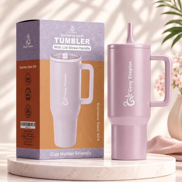 Cozy Tropics 40oz Insulated Stainless Steel Tumbler with Handle & Straw Lid, Double Wall Travel Mug, Leak-Resistant Large Capacity Cup Holder Friendly Water Bottle for Car, Gym, Office, Hot & Cold Drinks