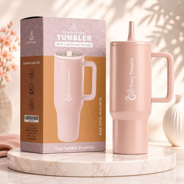 Cozy Tropics 40oz Insulated Stainless Steel Tumbler with Handle & Straw Lid, Double Wall Travel Mug, Leak-Resistant Large Capacity Cup Holder Friendly Water Bottle for Car, Gym, Office, Hot & Cold Drinks