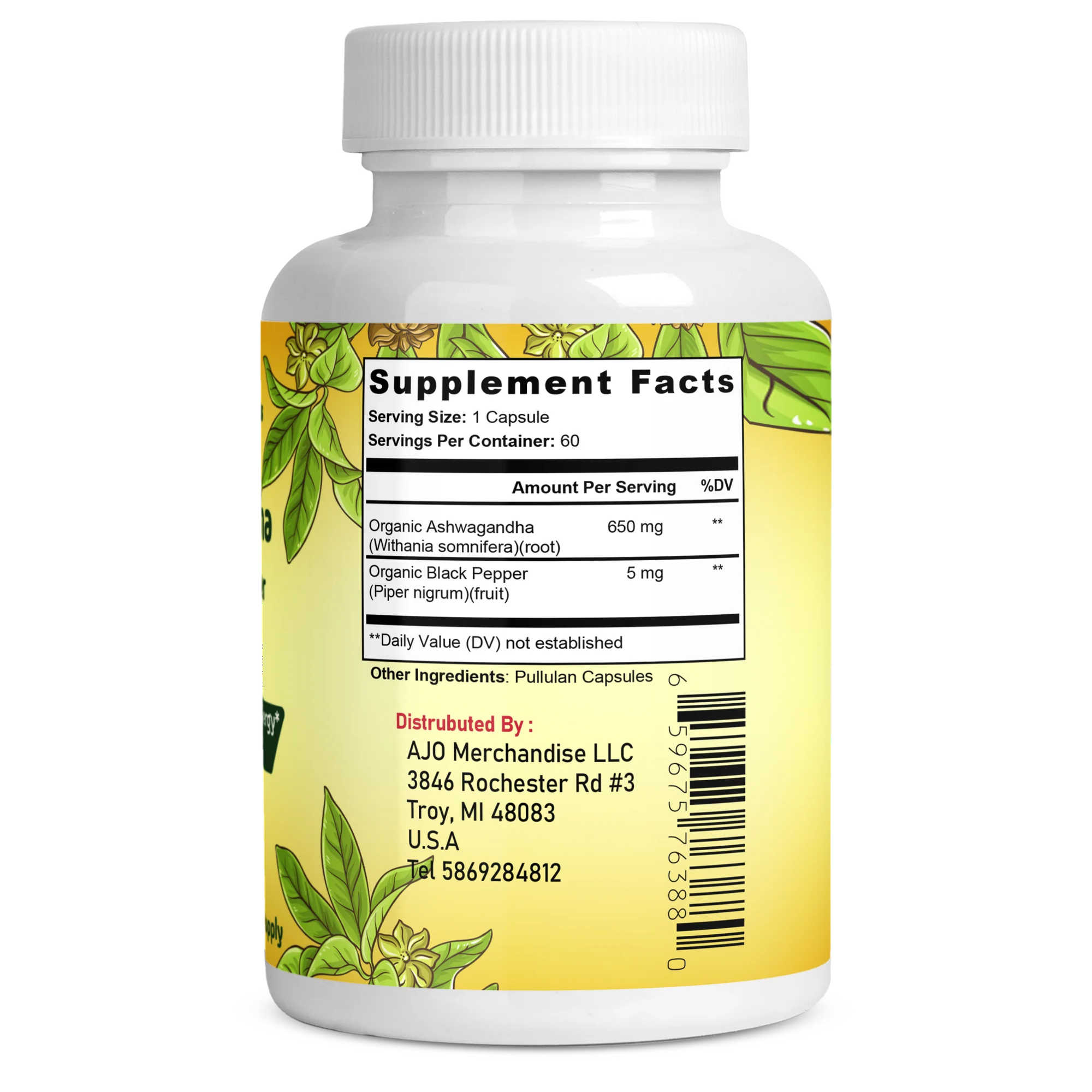 Ashwagandha Capsules 655mg with Black Pepper - Supports Anxiety & Stress Relief, Promotes Wellness, 60ct, Enhanced Absorption for Maximum Effectiveness