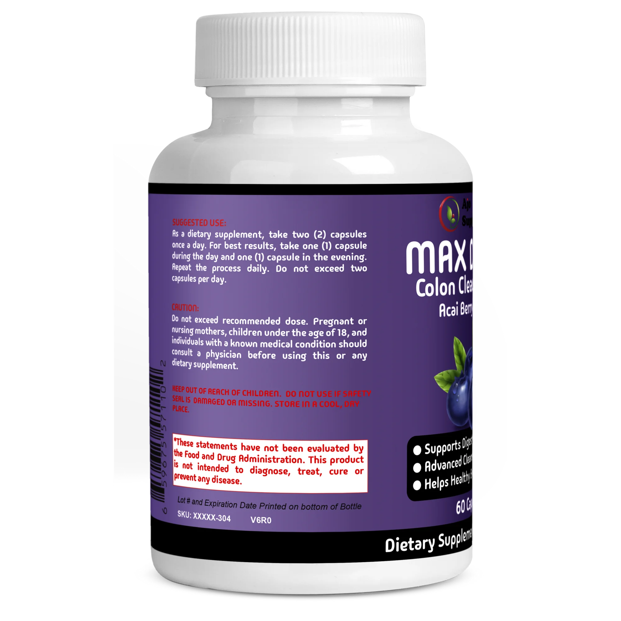 Max Detox Cleanse - Acai Berry Complex for Whole Body Detox, Weight Loss, Boost Energy, Improve Digestion, 60 Capsules.
