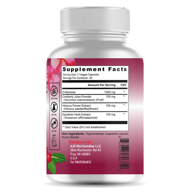 D Mannose with Dandelion Root & Cranberry Powder - Liver, Kidney & Urinary Tract Health, 60ct for Women